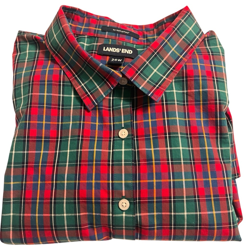 Lands’ End No Iron Supima Cotton Plaid Button Up Shirt Women’s Size 24W EUC